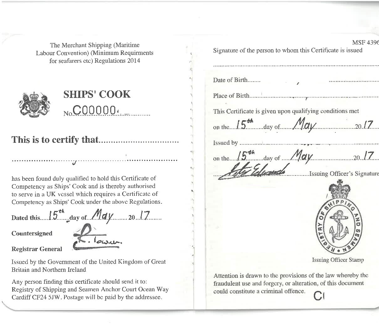 Assessment in Marine Cookery and Ship's Cook Certificate? not the same ...